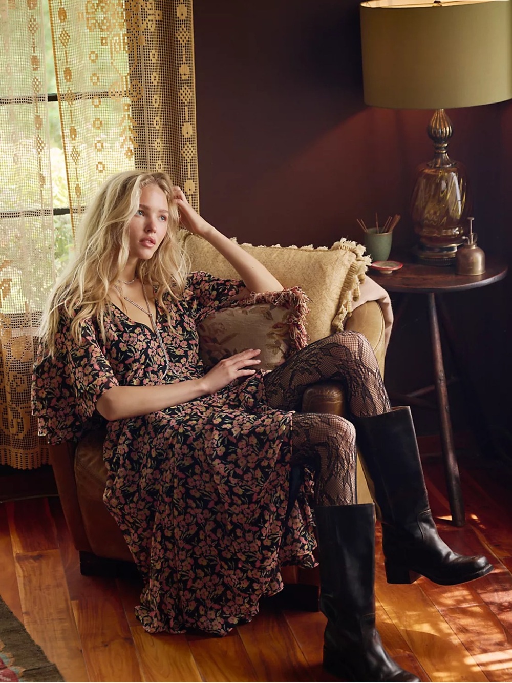 Free People Black Elisandra Midi Dress with Pink Floral Print